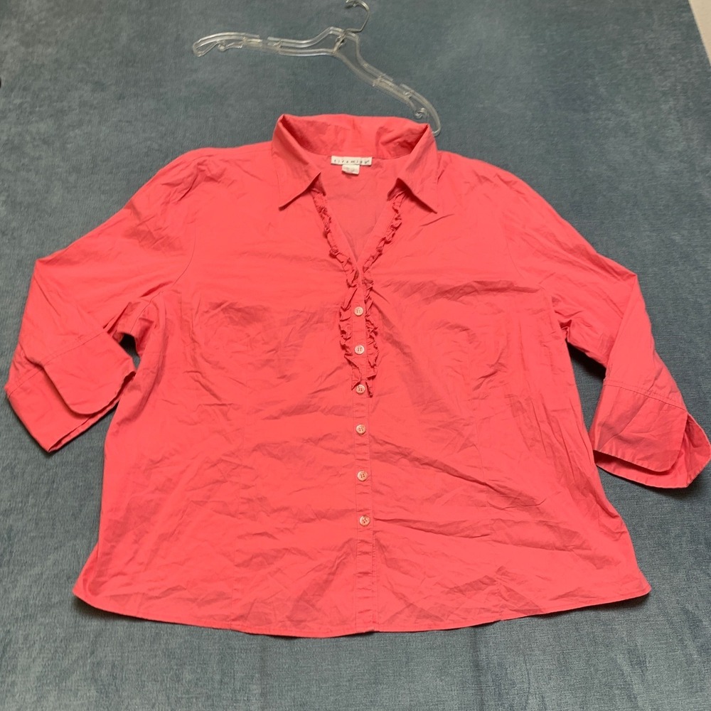 Tiramisu Blouse Top Women's 3X Pink Ruffle Trim Stretch Casual Wear Button Front